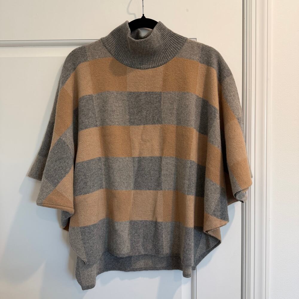 Note di Anita Merino Wool Cashmere Blend Checkered Poncho Mock Neck